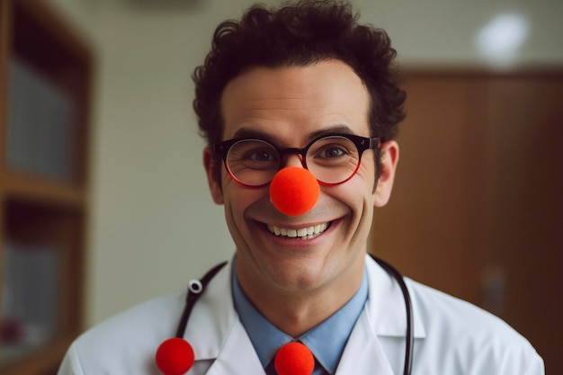 A doctor with a red nose and glasses wears a white lab coat and red nose.