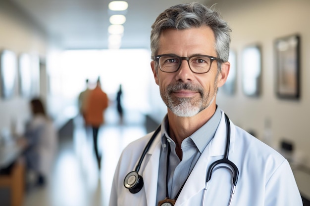 A doctor with a stethoscope around his neck stands in a hallway