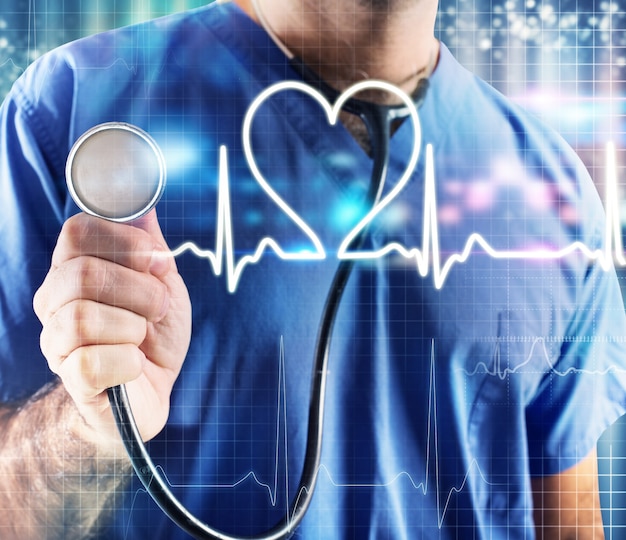 Doctor with stethoscope and graphic heartbeat