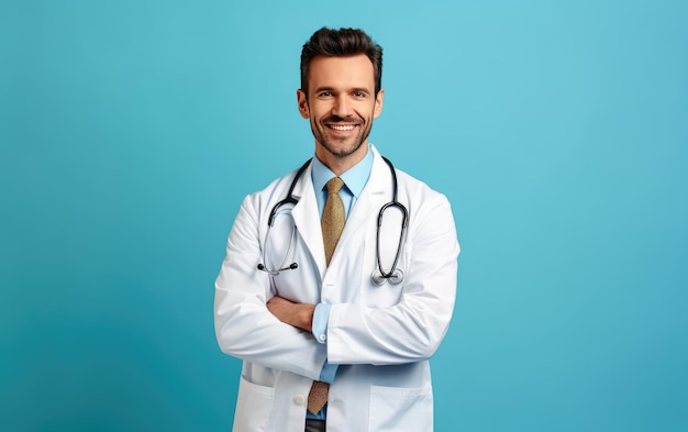 Doctor with a stethoscope on his neck against a blue background.