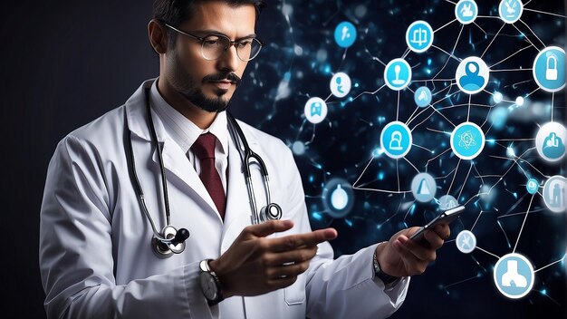 a doctor with a stethoscope on his neck and a blue background with a man holding a phone and a group of people in the background