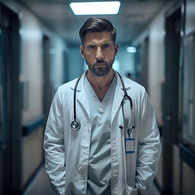 a doctor with a stethoscope on his neck stands in a corridor