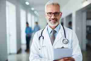 Photo a doctor with a stethoscope on his neck stands in a corridor