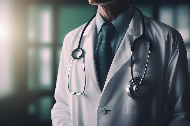 A doctor with a stethoscope on his neck stands in a dark room.