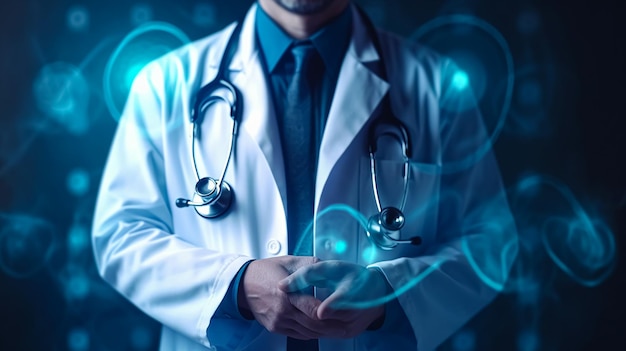 A doctor with a stethoscope on his neck stands in front of a blue background.