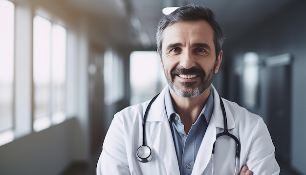 A doctor with a stethoscope on his neck stands in a hospital hallway.