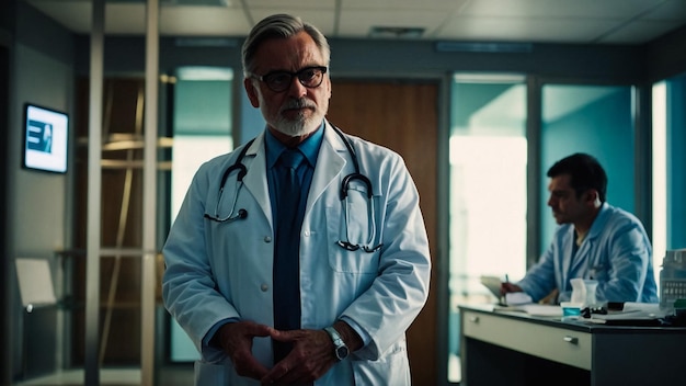 Photo a doctor with a stethoscope on his neck stands in a hospital room