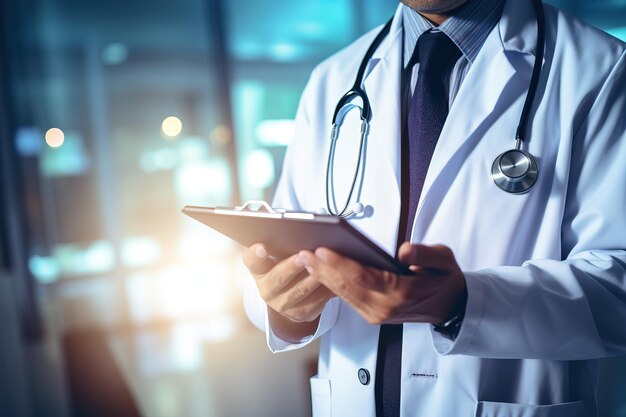 Doctor with stethoscope and tablet in hand examining medical history with various medical icons