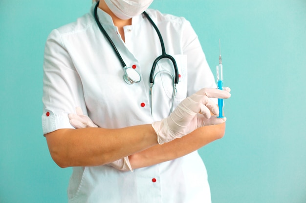 Photo doctor with syringe, injection in hospital