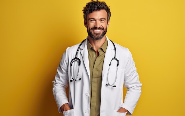 Foto un dottore con un cappotto bianco e uno stetoscopio sul petto.