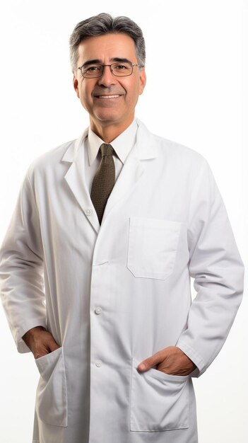 a doctor with a white lab coat and a brown tie