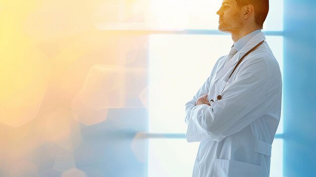 doctor with a white lab coat standing in front of a window