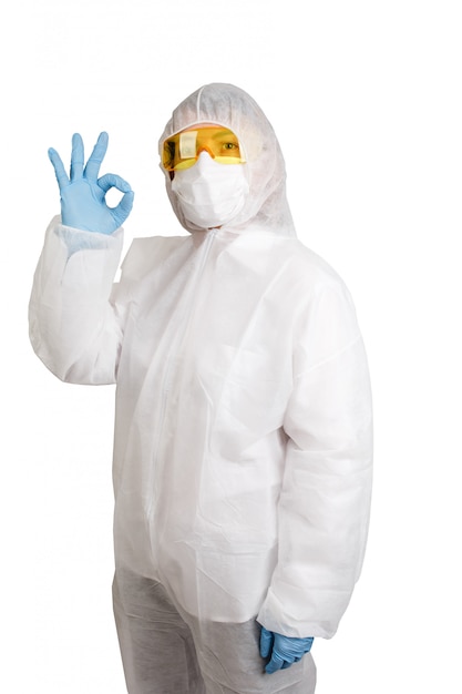Doctor woman in anti-epidemic suit isolated on white
