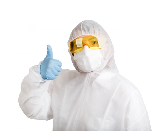 Doctor woman in anti-epidemic suit isolated on white