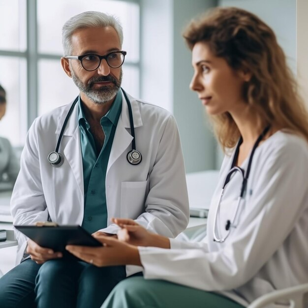 A doctor and a woman are talking in a hospital room.