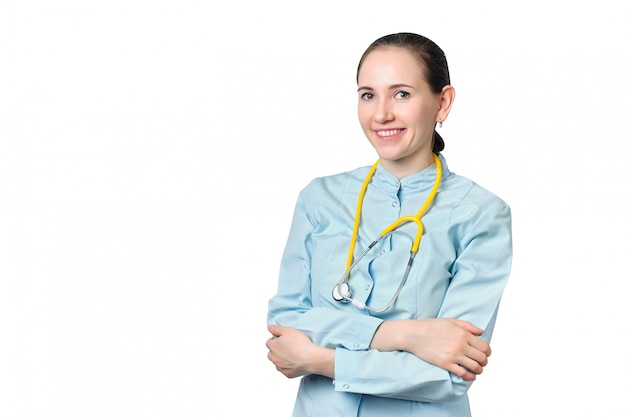 Doctor woman in a blue coat on a white background. Isolated.