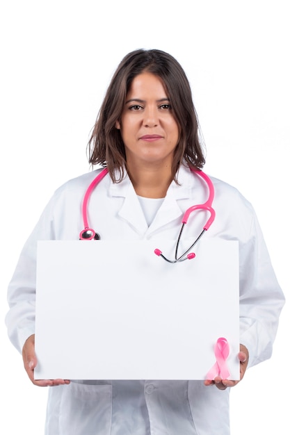  doctor woman holding white board on a white background.