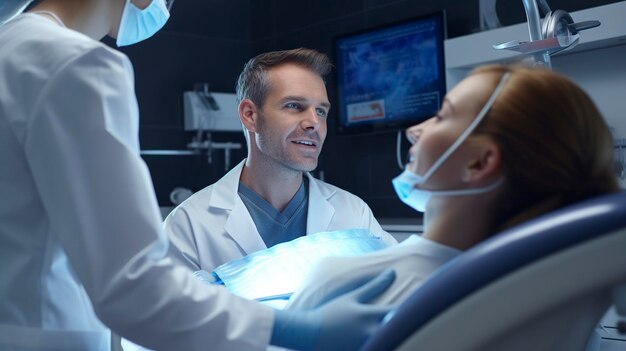 Photo a doctor and a woman in a lab coat are looking at a monitor