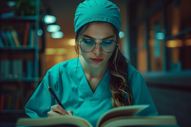 Photo a doctor woman reading a book in a surgery