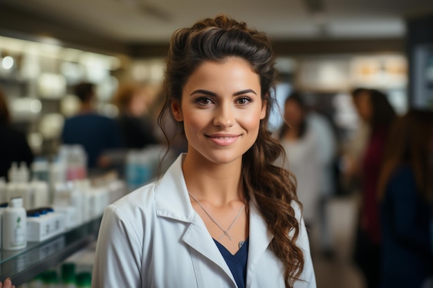 Женщина-доктор, стоящая в медицинском кабинете с белым лабораторным пальто и стетоскопом на шее
