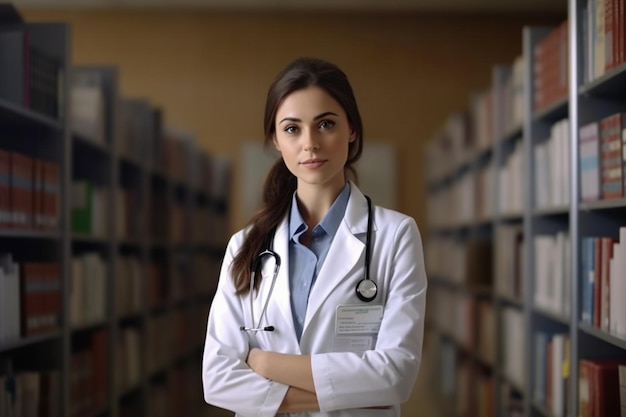 doctor woman standing in a medical office wearing a white lab coat stethoscope around the neck