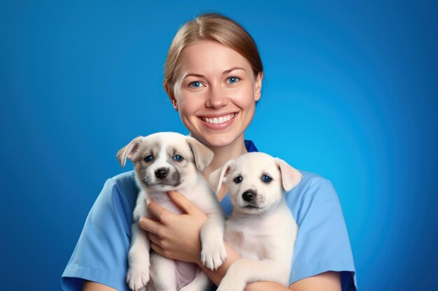 Doctor woman veterinarian in medical suit holding two happy puppies in his arms