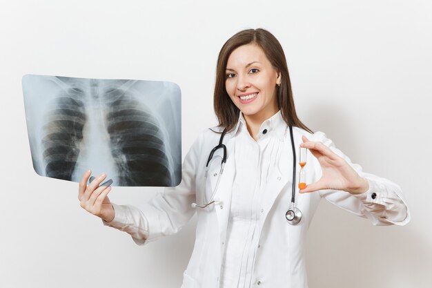 Doctor woman with hourglass, X-ray of lungs fluorography roentgen isolated on white background. Female doctor in medical gown stethoscope. Healthcare personnel time is running out medicine. Pneumonia.