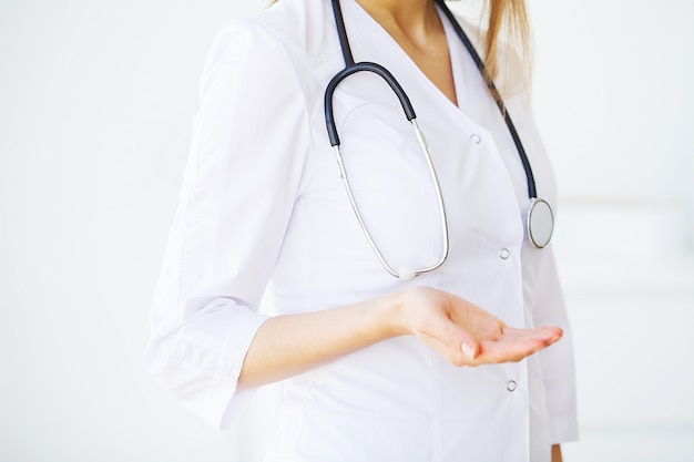 Doctor Woman With Stethoscope In Hospital. 