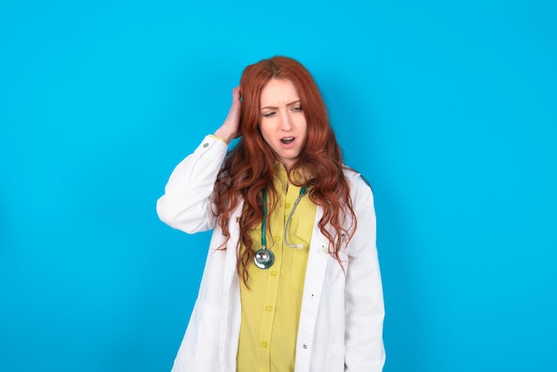 doctor woman yawns with opened mouth stands Daily morning routine