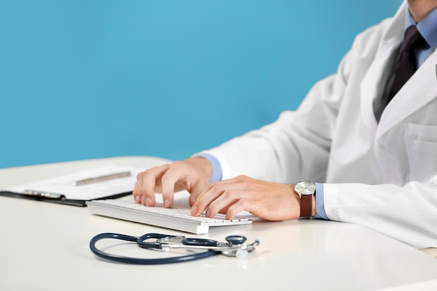 Doctor working on a computer in hospital