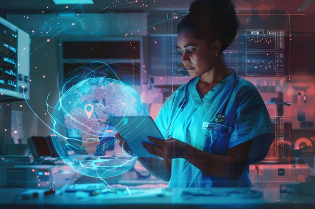 A doctor works with futuristic augmented reality technology in a modern hospital This is a conceptual image showing the blend of advanced digital tools and healthcare Hightech and innovation AI