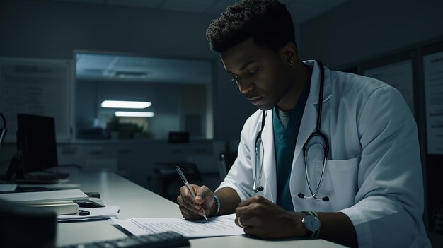 医者はペンと紙で机の上に書いています