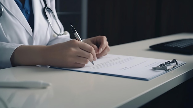 A doctor writes on a document with a pen.