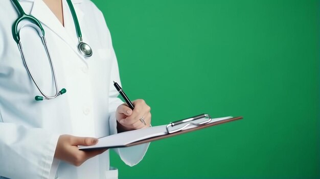 a doctor writing on a notepad with a green background