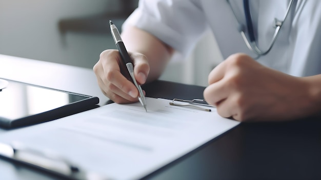 A doctor writing on a piece of paper with a pen.