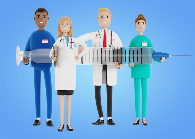 Doctors. A group of medical workers are holding a syringe. Chief physician and medical specialists. 3D illustration in cartoon style.