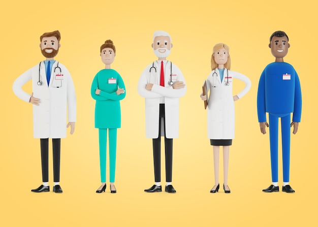 Doctors. A group of medical workers. Chief physician and medical specialists. 3D illustration in cartoon style.