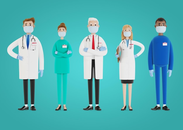 의사들. 의료 종사자 그룹입니다. 수석 의사 및 의료 전문가. 만화 스타일의 3D 그림입니다.