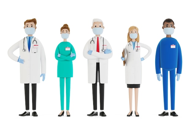 Doctors. A group of medical workers wearing two masks and wearing medical gloves. Chief physician and medical specialists. 3D illustration in cartoon style.