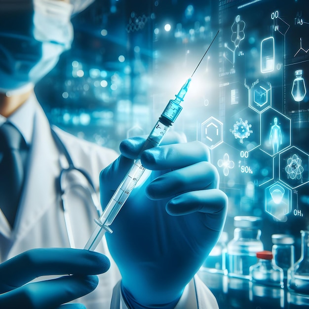 doctors hand in a blue medical glove holds a syringe on a blurred laboratory background