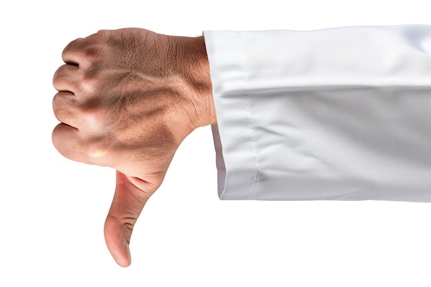 Doctors hand showing thumb down on white or transparent background closeup of a doctors hand in a