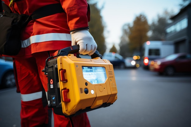 Photo doctors hand with a defibrillator part of an emergency response to a traffic accident