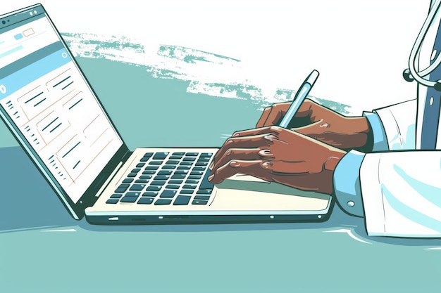 Doctors hands typing on a laptop for online medical records Healthcare and technology