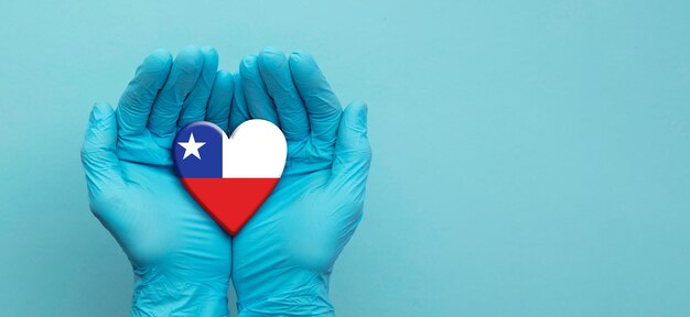 Doctors hands wearing surgical gloves holding chile flag heart