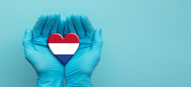 Doctors hands wearing surgical gloves holding netherlands flag heart