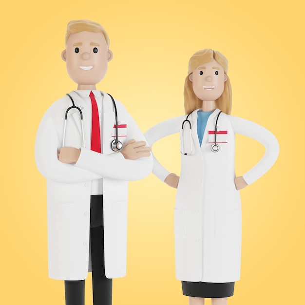 Doctors man and woman 3D illustration in cartoon style