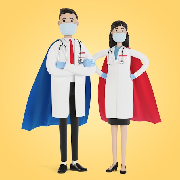 Doctors man and woman in superhero costume. 3d illustration in\
cartoon style.