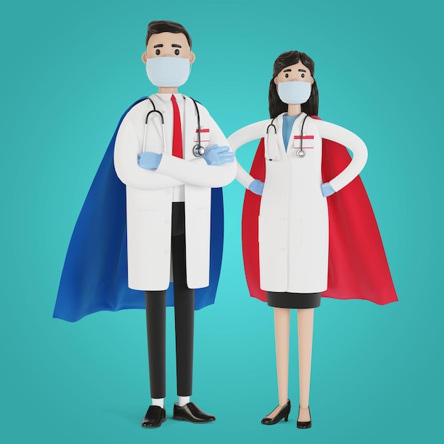 doctors man and woman in superhero costume. 3d illustration in cartoon style.