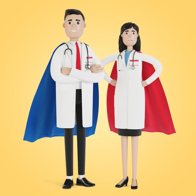 Doctors man and woman in superhero costume. 3d illustration in\
cartoon style.