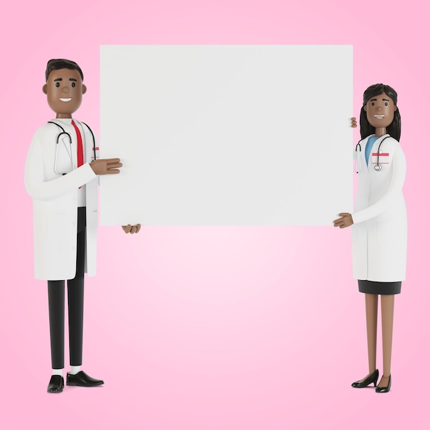医者。空白のポスターを保持している医療専門家の男性と女性。漫画風の3Dイラスト。